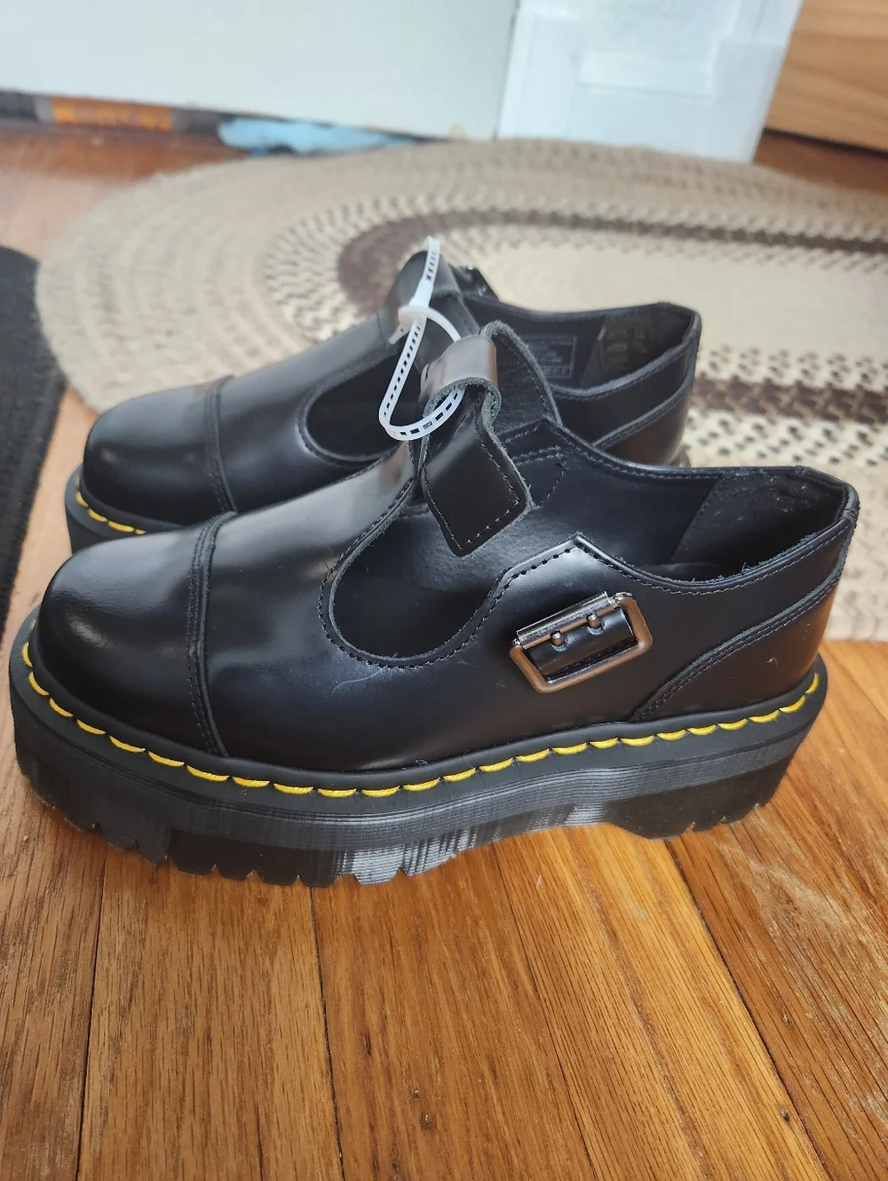 Dr. Martens Bethan Black Mary Jane Shoes with Yellow Stitch Accent